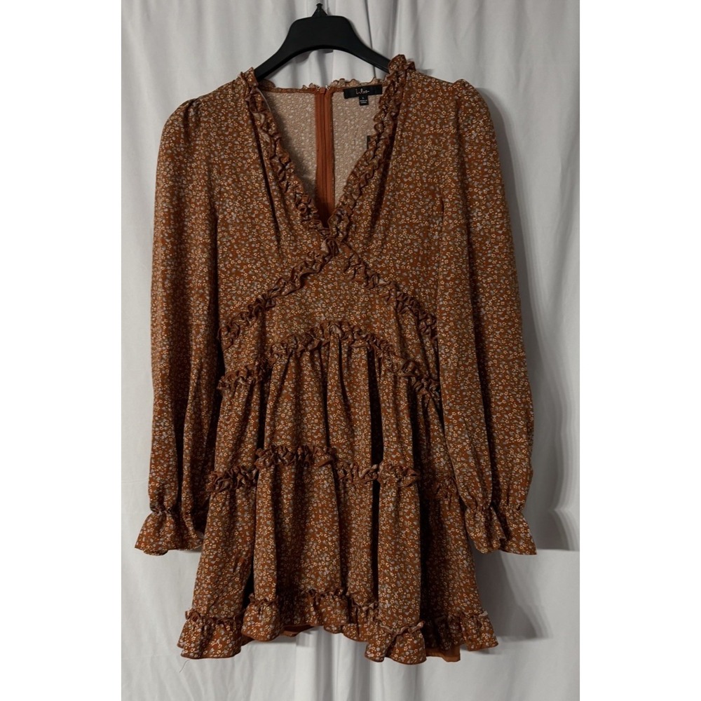NWT Lulus Womens Brown Long Sleeve Lined Floral Casual Dress Size Large